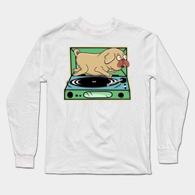 Pug Vinyl Turntable Long Sleeve T-Shirt by mailboxdisco